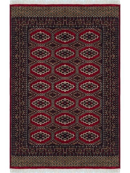 Hand Knotted Wool Area Carpet, Red, Bokhara Gul Pattern, 4x6 ft, with Fringe