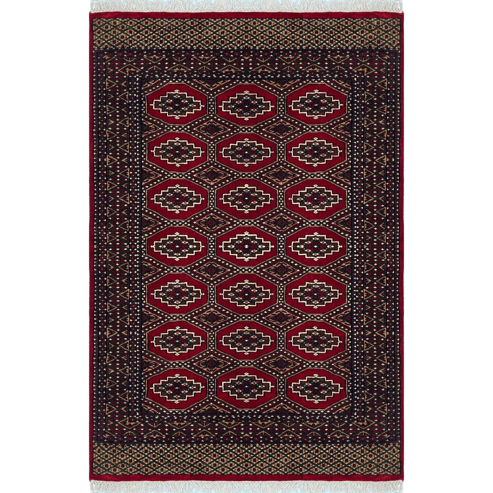 Hand Knotted Wool Area Carpet, Red, Bokhara Gul Pattern, 4x6 ft, with Fringe