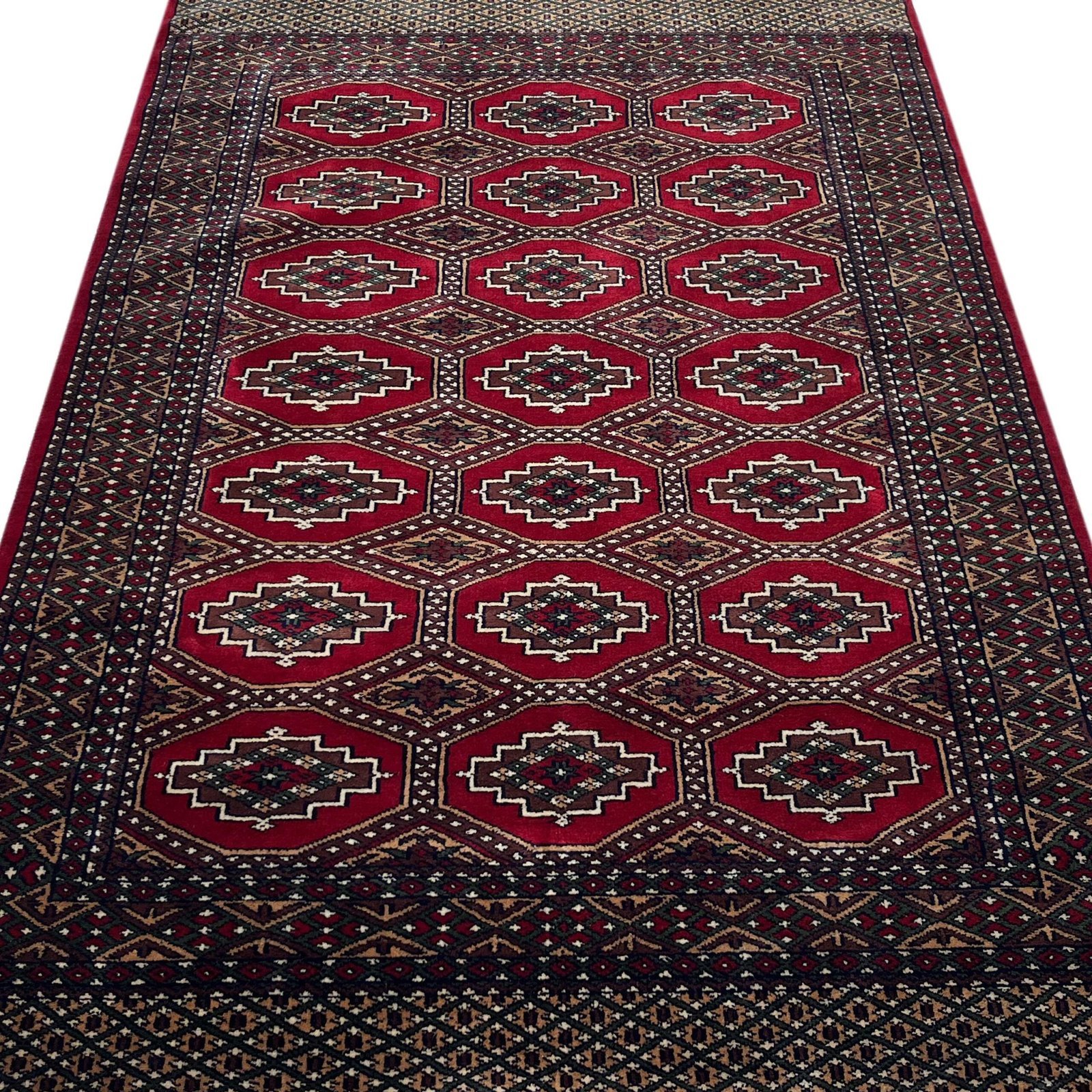 Hand Knotted Wool Area Carpet, Red, Bokhara Gul Pattern, 4x6 ft, with Fringe - Image 6