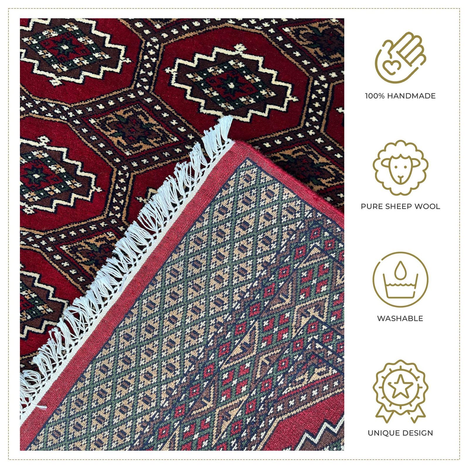 Hand Knotted Wool Area Carpet, Red, Bokhara Gul Pattern, 4x6 ft, with Fringe - Image 5