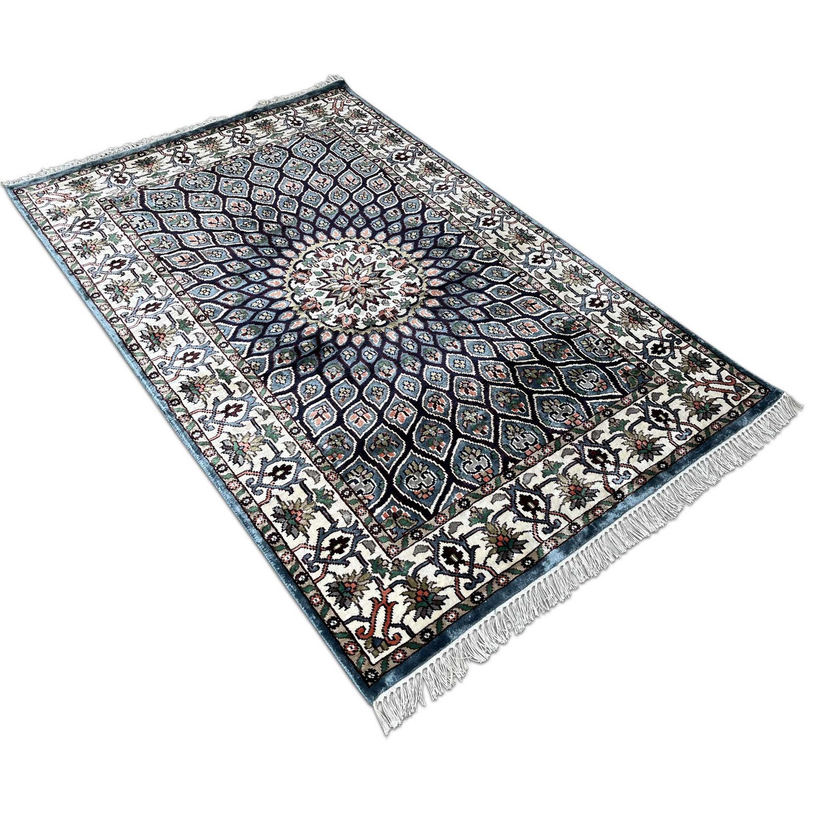 4x6 Feet Hand Knotted Bamboo Silk Blue Carpet Gumbad - Image 3