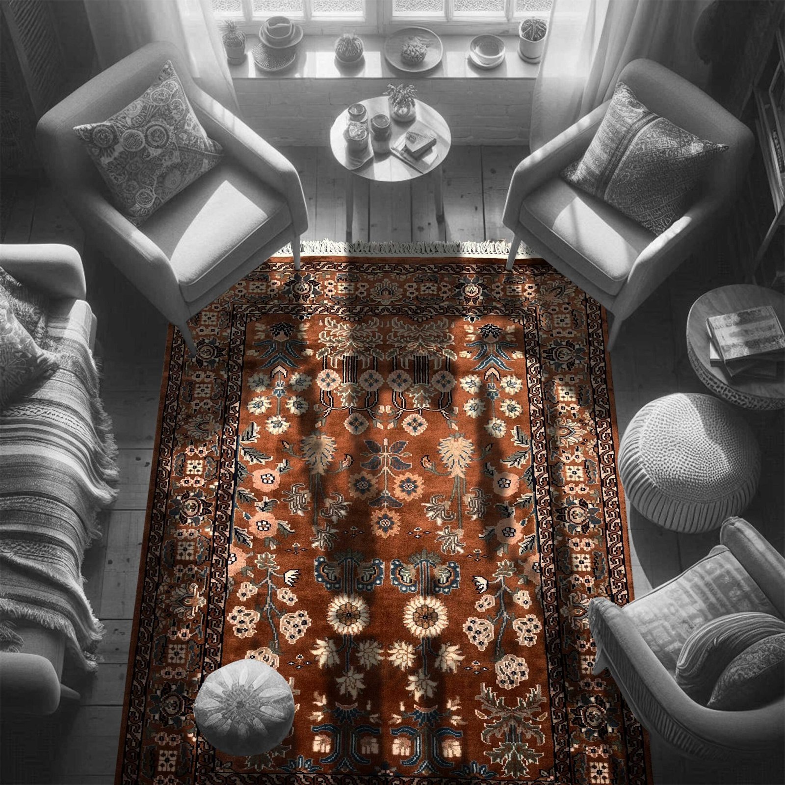 4x6 ft Hand Knotted Copper Floral Woolen Carpet - Image 2