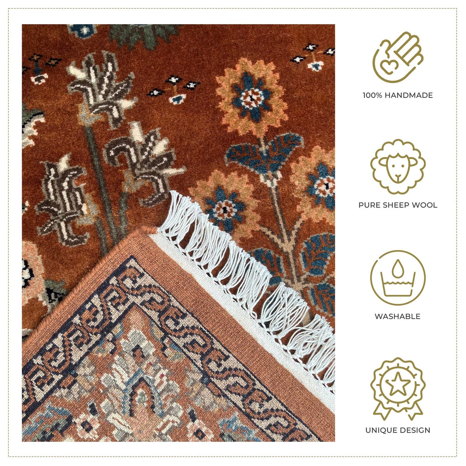 4x6 ft Hand Knotted Copper Floral Woolen Carpet - Image 5