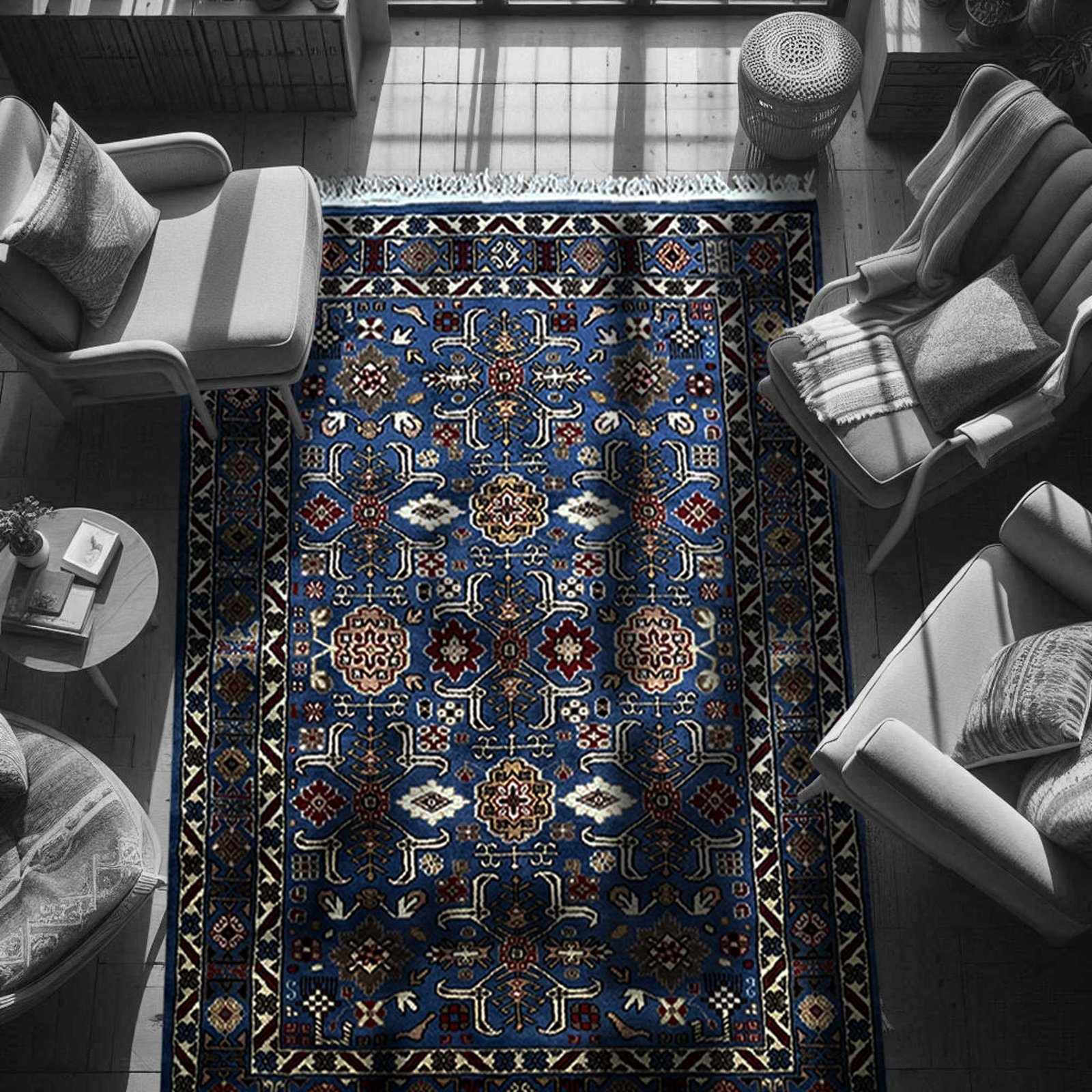 4x6 ft Hand Knotted Woolen Carpet Blue Floral - Image 2