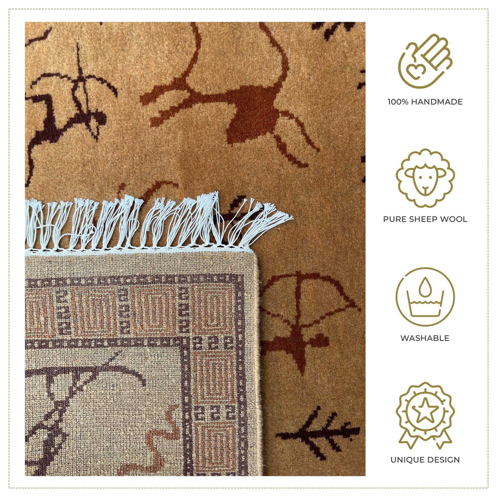 4x6 ft Hand Knotted Wool Carpet Camel Trib-Hunt - Image 4