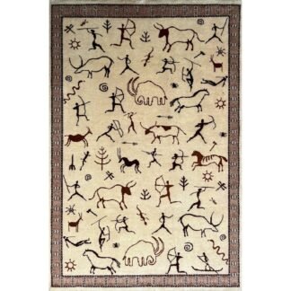 4x6 ft Hand Knotted Wool Carpet White Trib Hunt