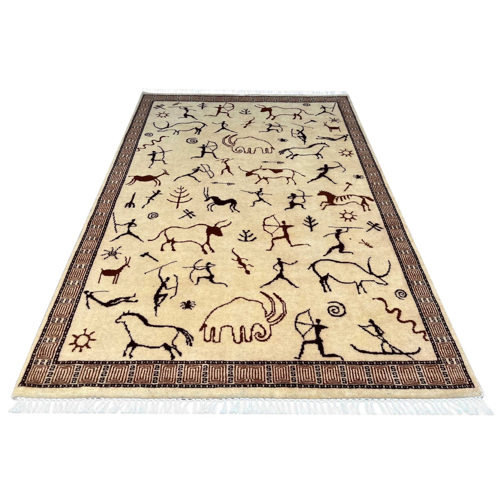 4x6 ft Hand Knotted Wool Carpet White Trib Hunt - Image 6