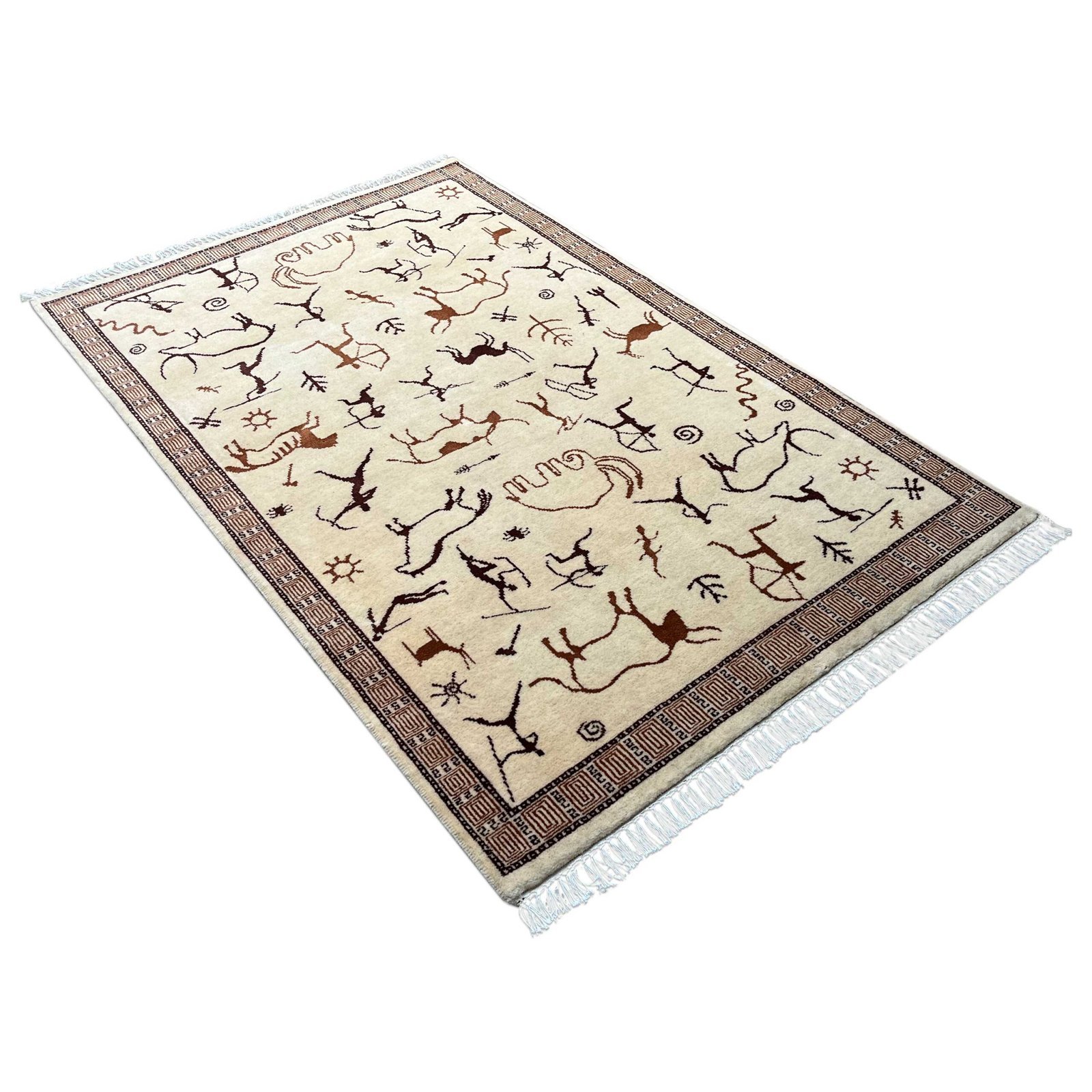 4x6 ft Hand Knotted Wool Carpet White Trib Hunt - Image 5