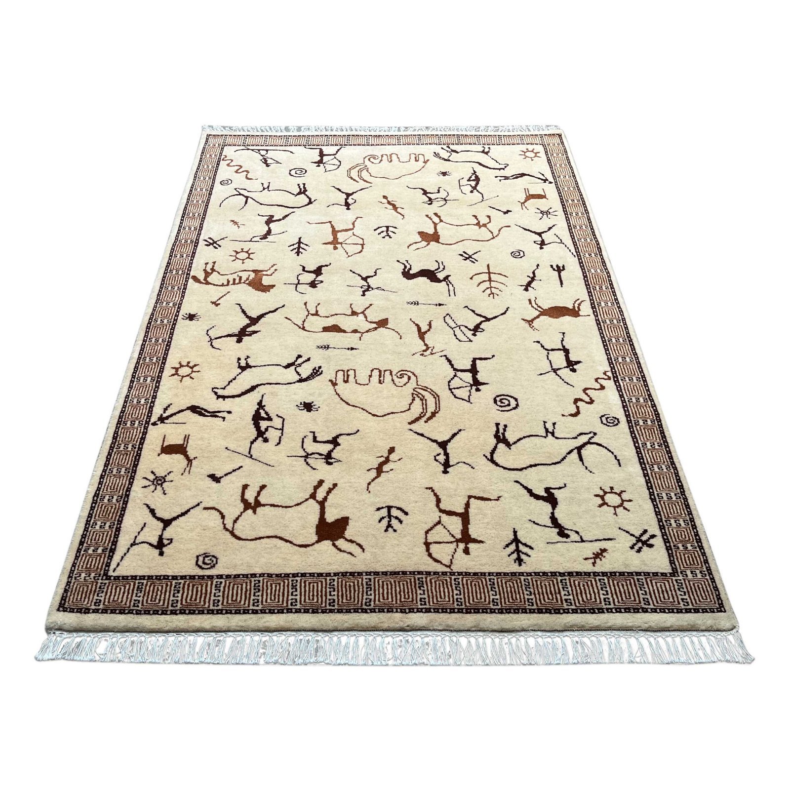 4x6 ft Hand Knotted Wool Carpet White Trib Hunt - Image 4