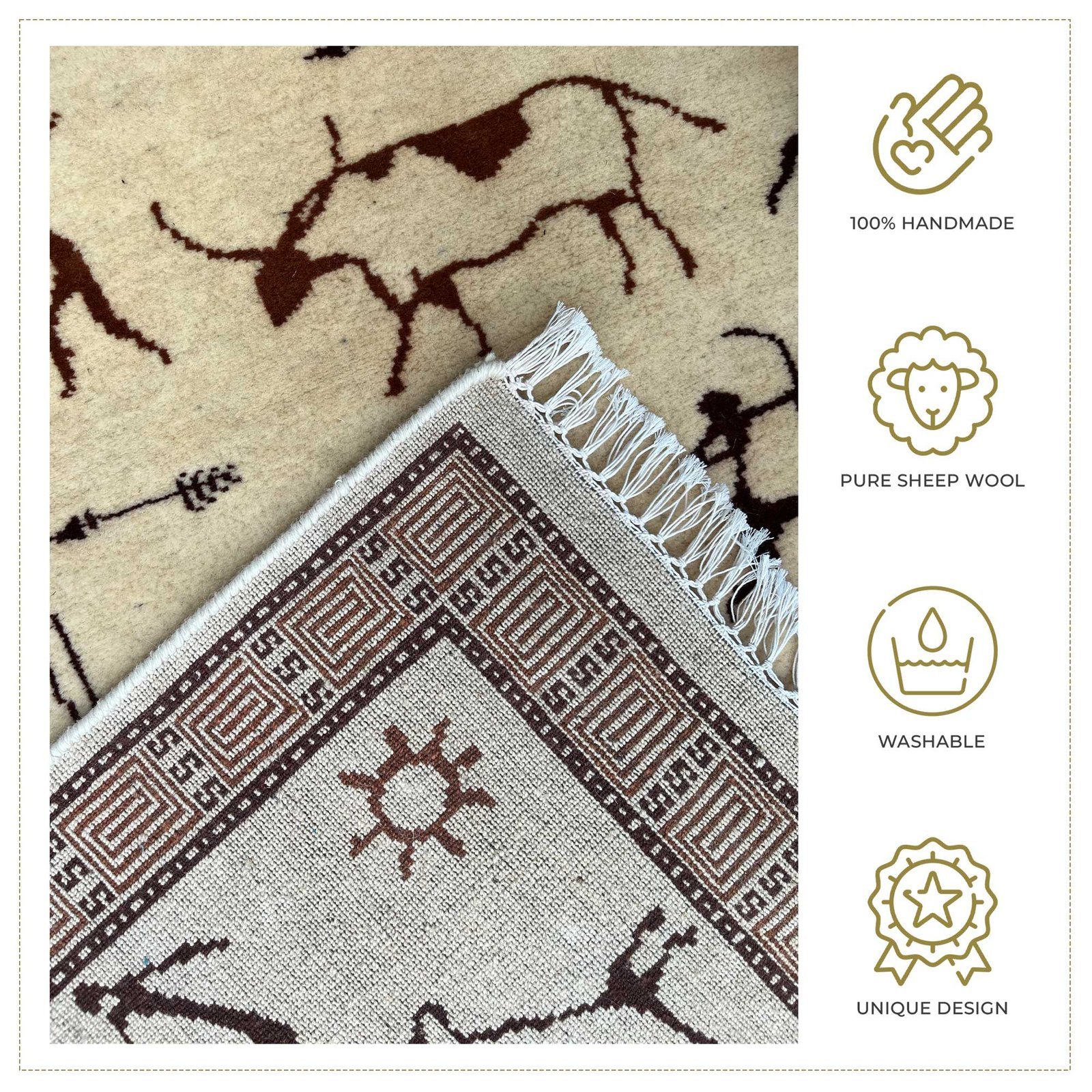 4x6 ft Hand Knotted Wool Carpet White Trib Hunt - Image 3