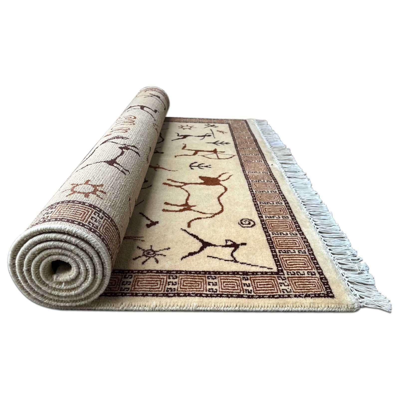 4x6 ft Hand Knotted Wool Carpet White Trib Hunt - Image 2