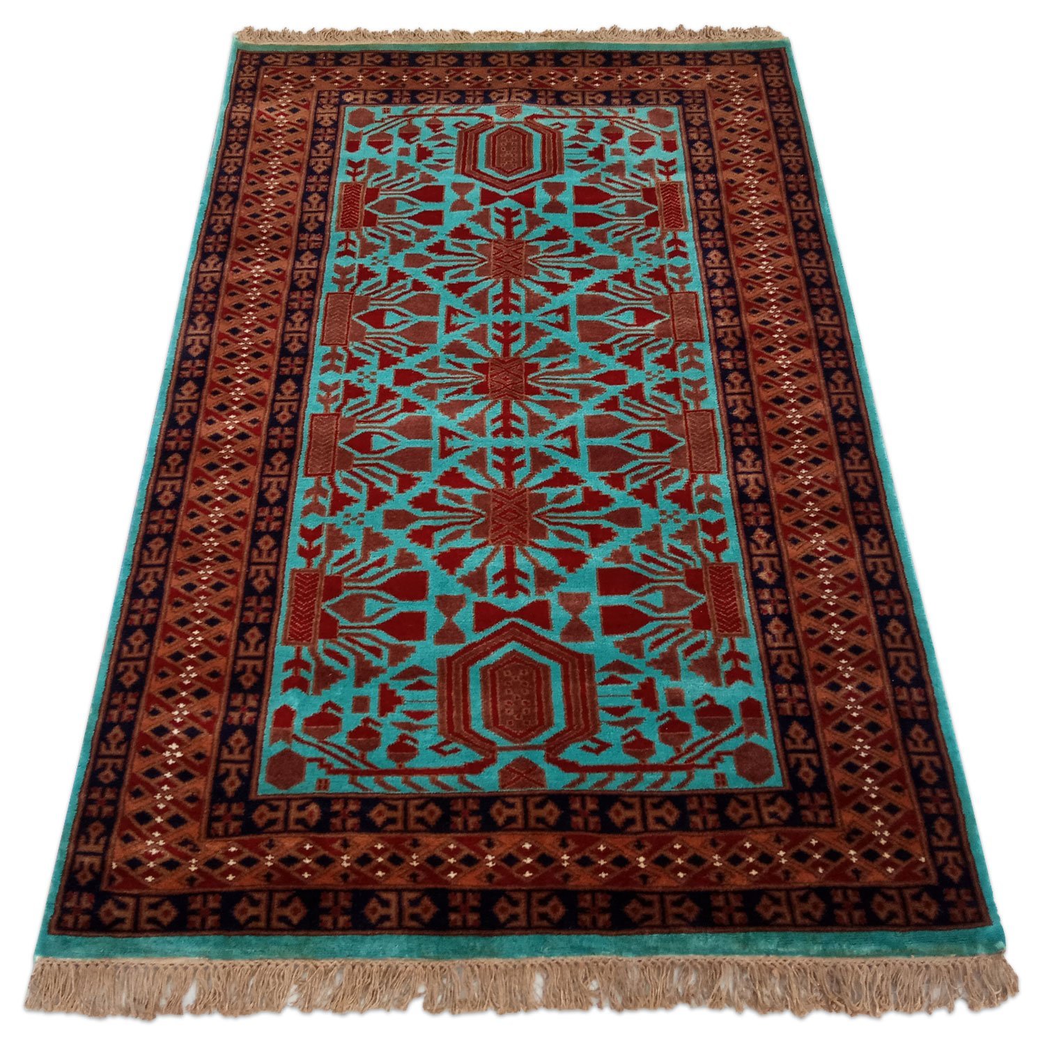 4×6 Feet Hand Knotted Wool Carpet Turquoise - Image 2
