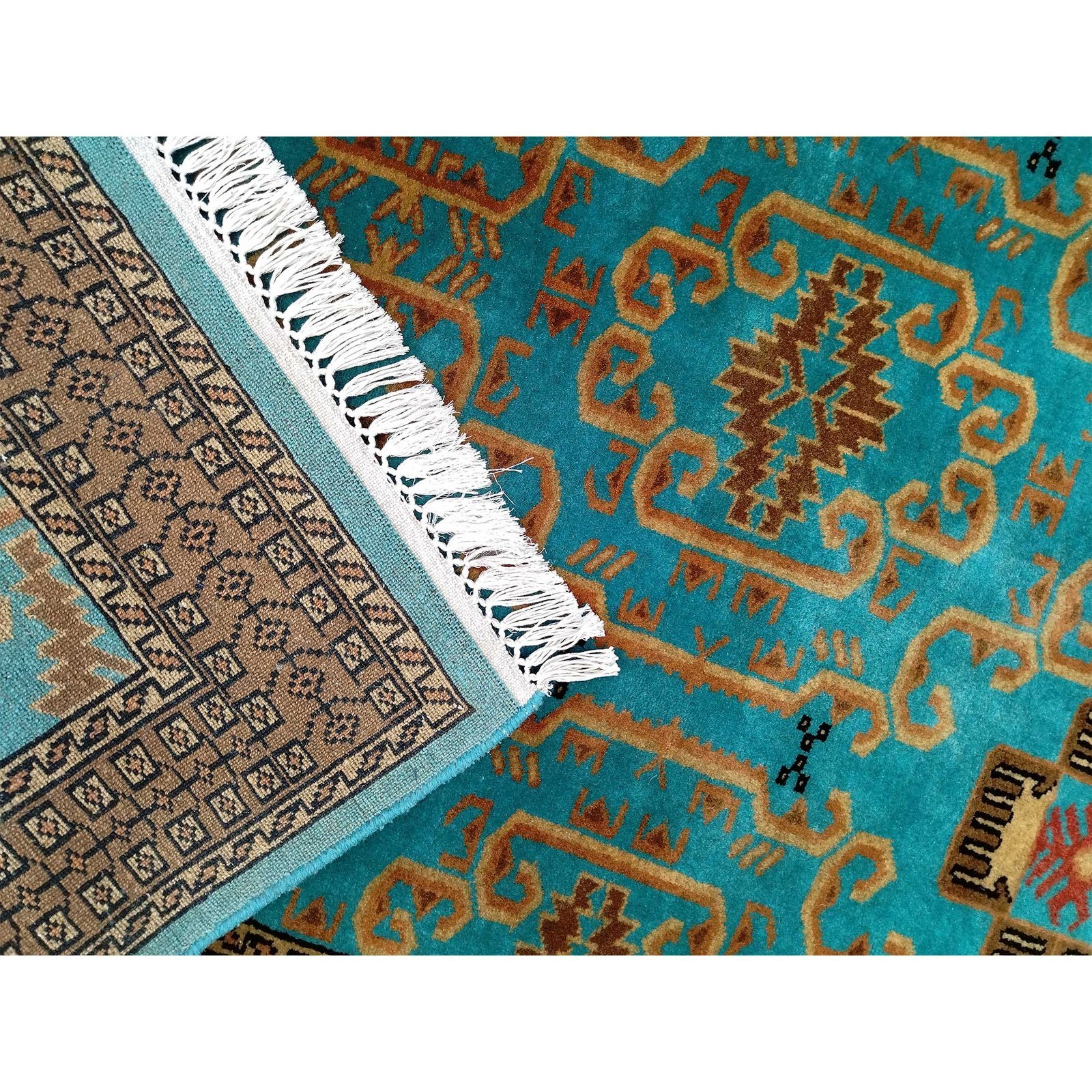 4x7 Feet Handmade Turquoise Wool Carpet Palace - Image 4