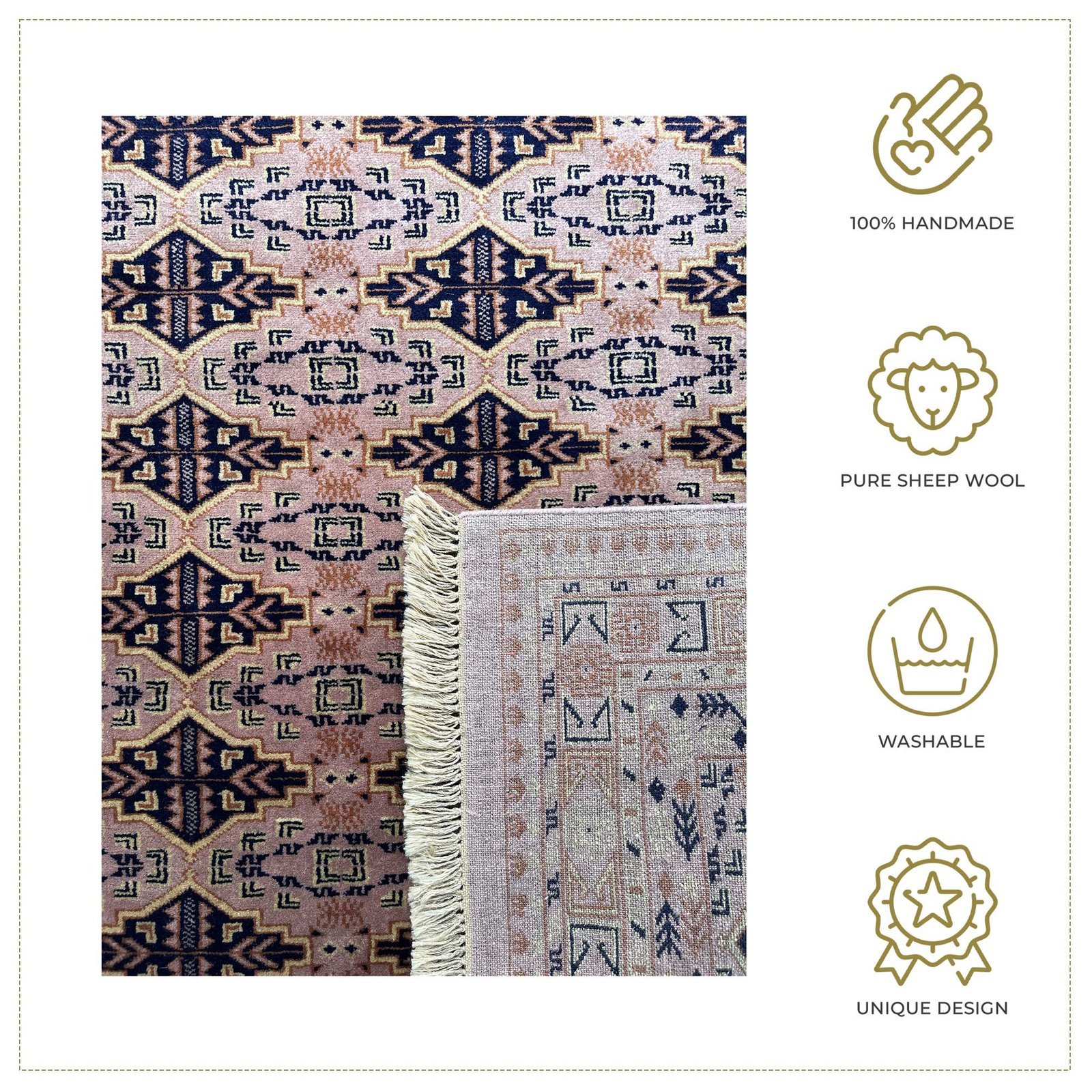 5x7 Feet Peach Hand Knotted Wool Carpet Bukhara - Image 3