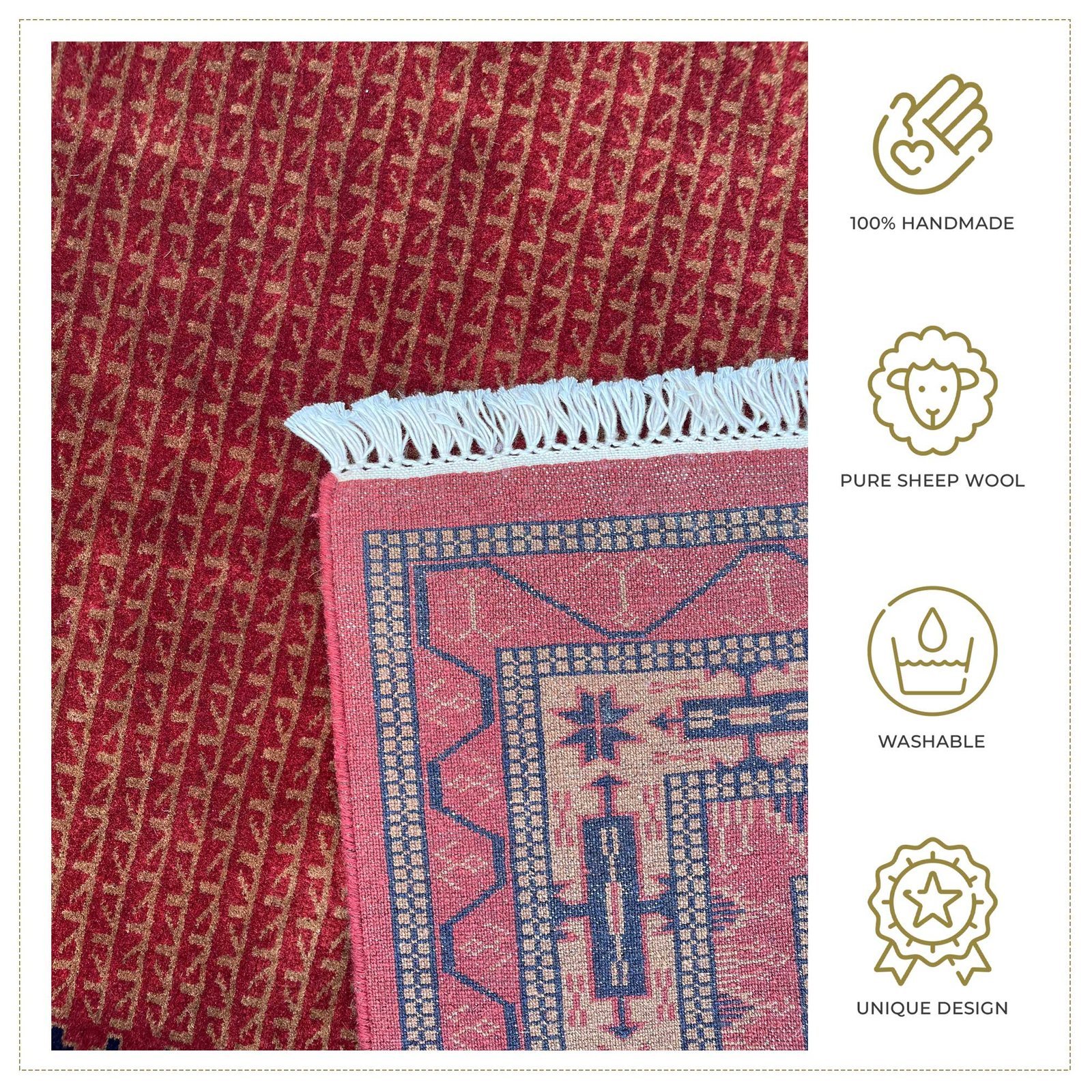 Handmade Hand Knotted Wool Area Carpet, Red, Traditional Kanta Style, 5x7 ft - Image 4