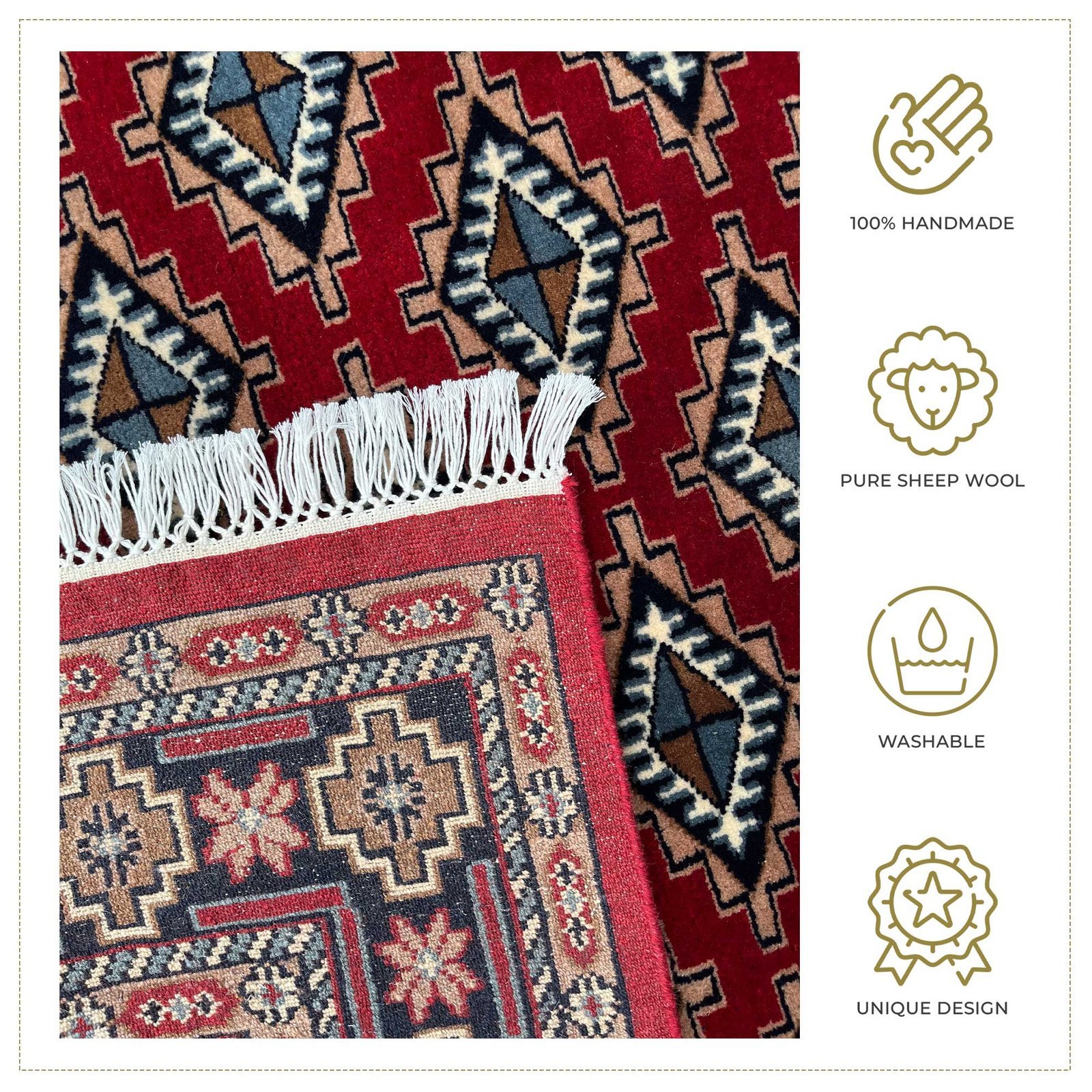 6x9 ft Hand Knotted Wool Carpet Red Barfi - Image 4
