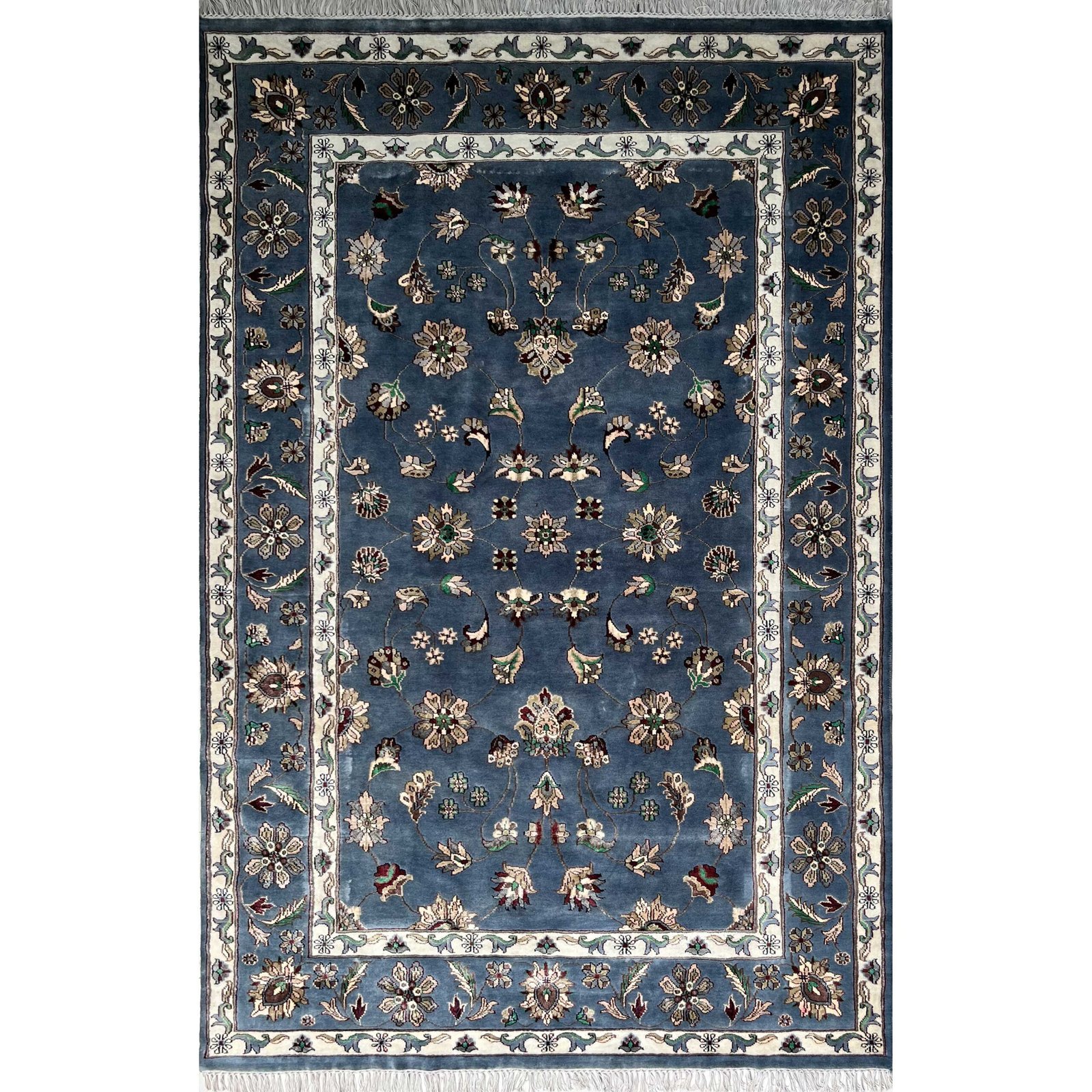 6x9 ft Hand Knotted Woolen Bamboo Silk Carpet Bluish Gray Kashan