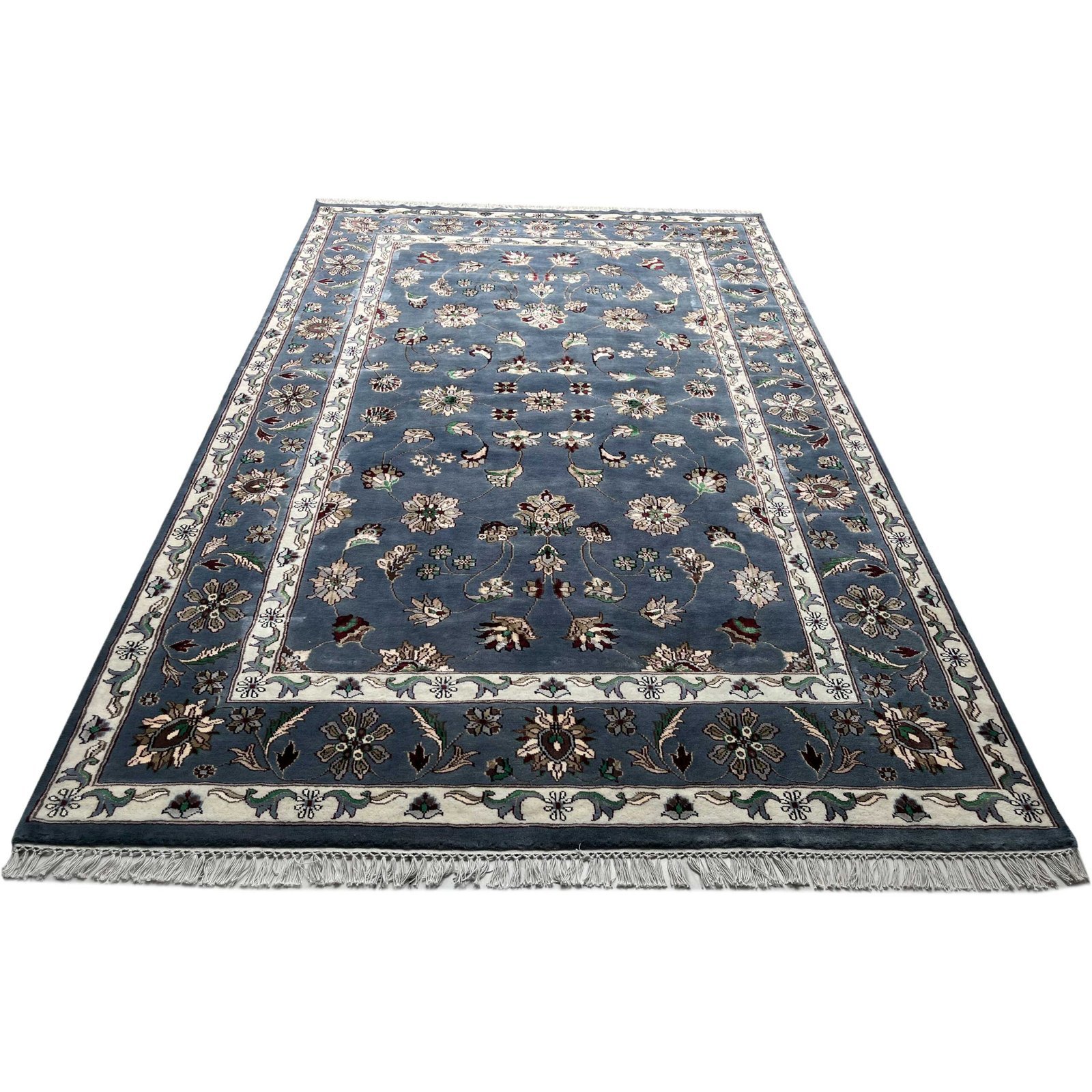 6x9 ft Hand Knotted Woolen Bamboo Silk Carpet Bluish Gray Kashan - Image 2