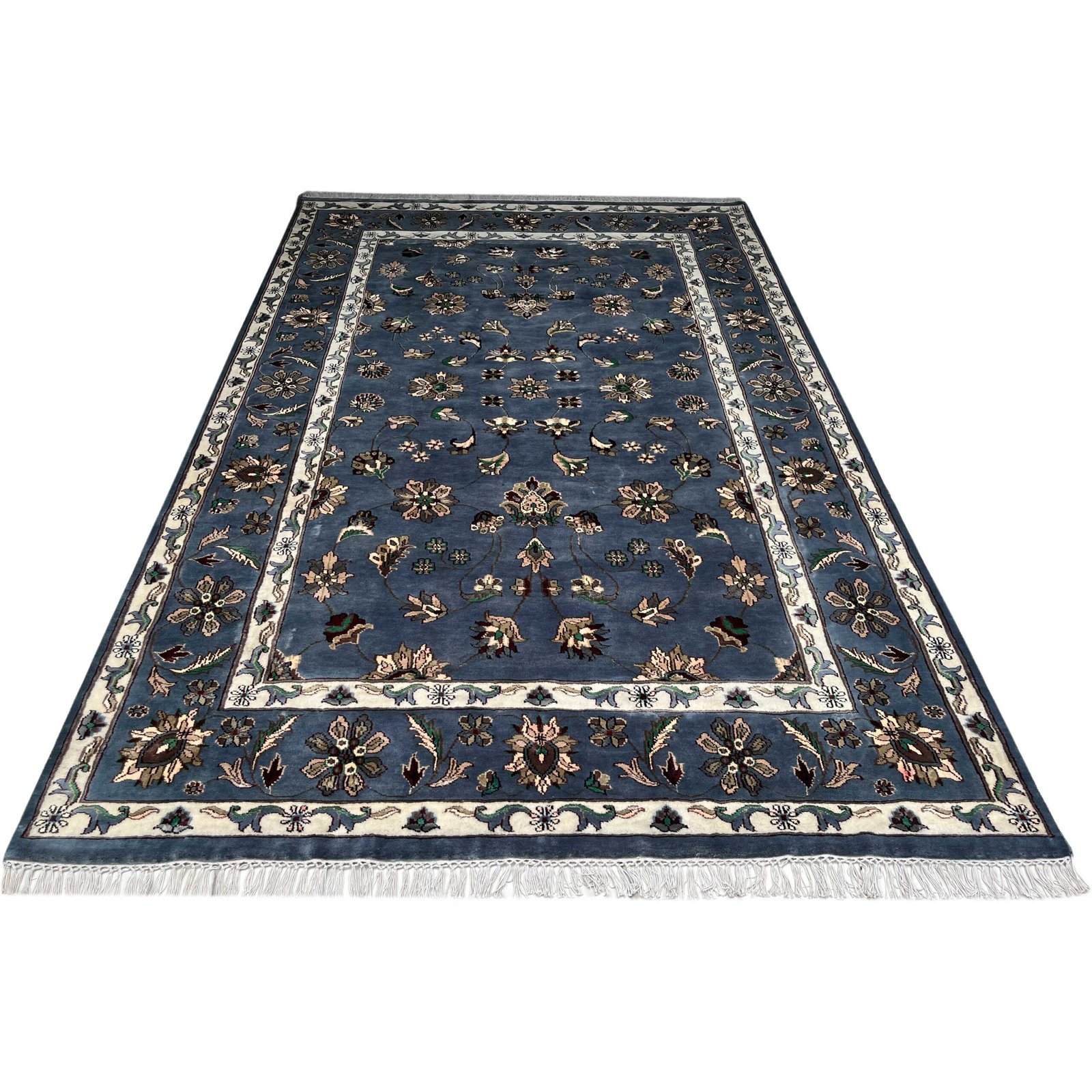 6x9 ft Hand Knotted Woolen Bamboo Silk Carpet Bluish Gray Kashan - Image 8