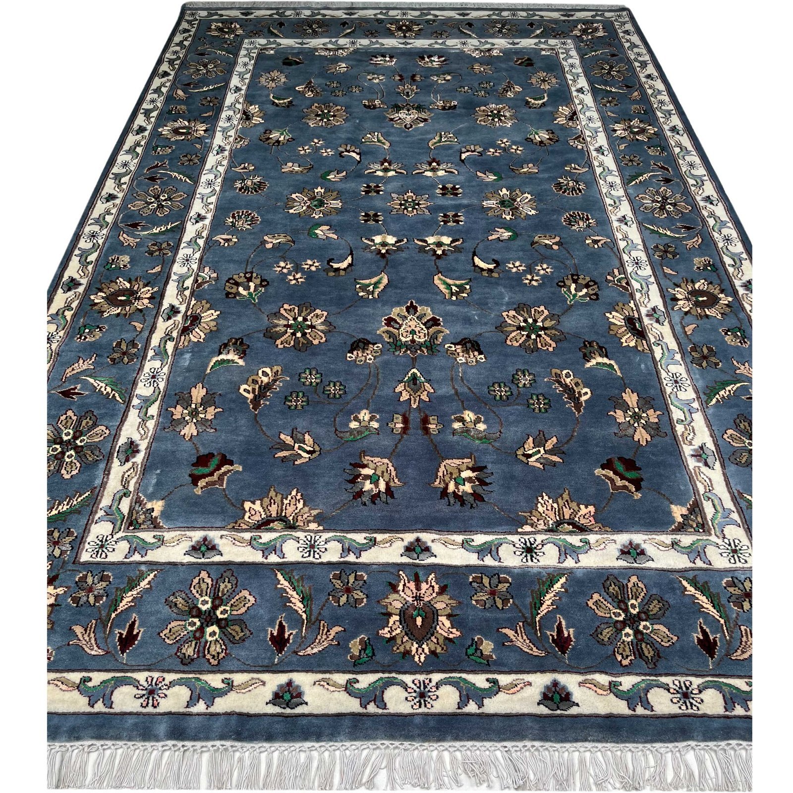 6x9 ft Hand Knotted Woolen Bamboo Silk Carpet Bluish Gray Kashan - Image 7