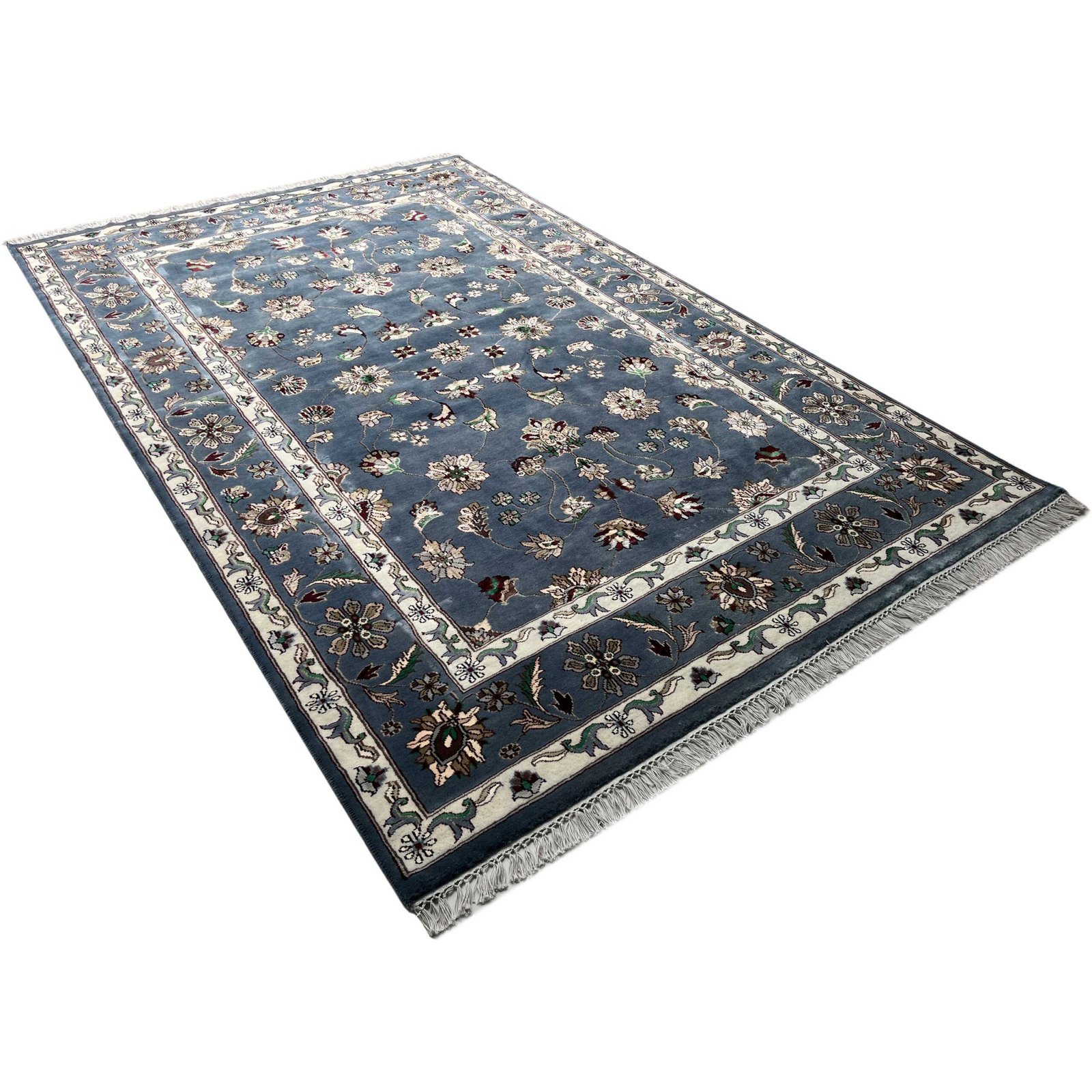 6x9 ft Hand Knotted Woolen Bamboo Silk Carpet Bluish Gray Kashan - Image 6