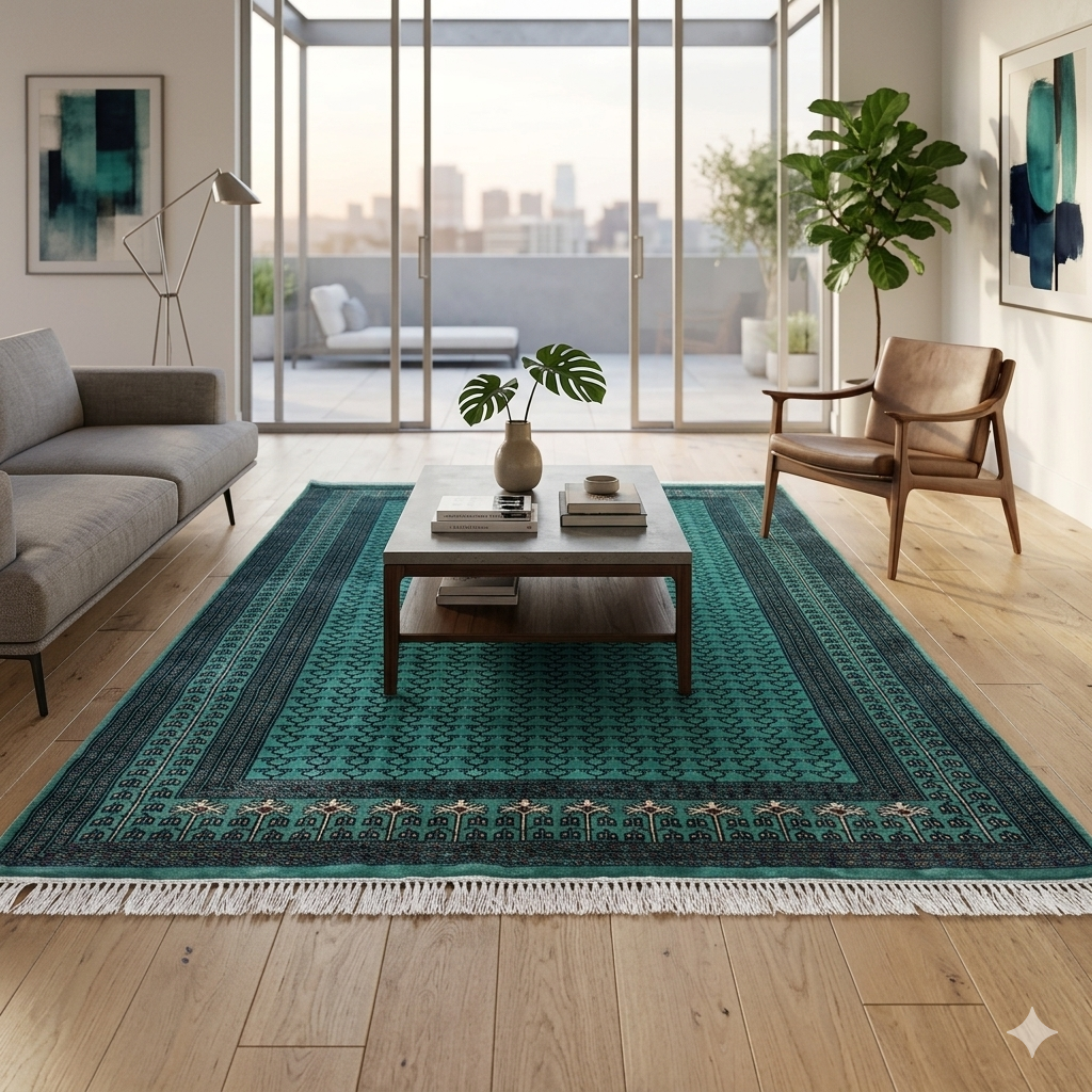 Handmade Knotted Wool Area Carpet, Teal Blue, Traditional Parda Style, 6x9 ft - Image 2