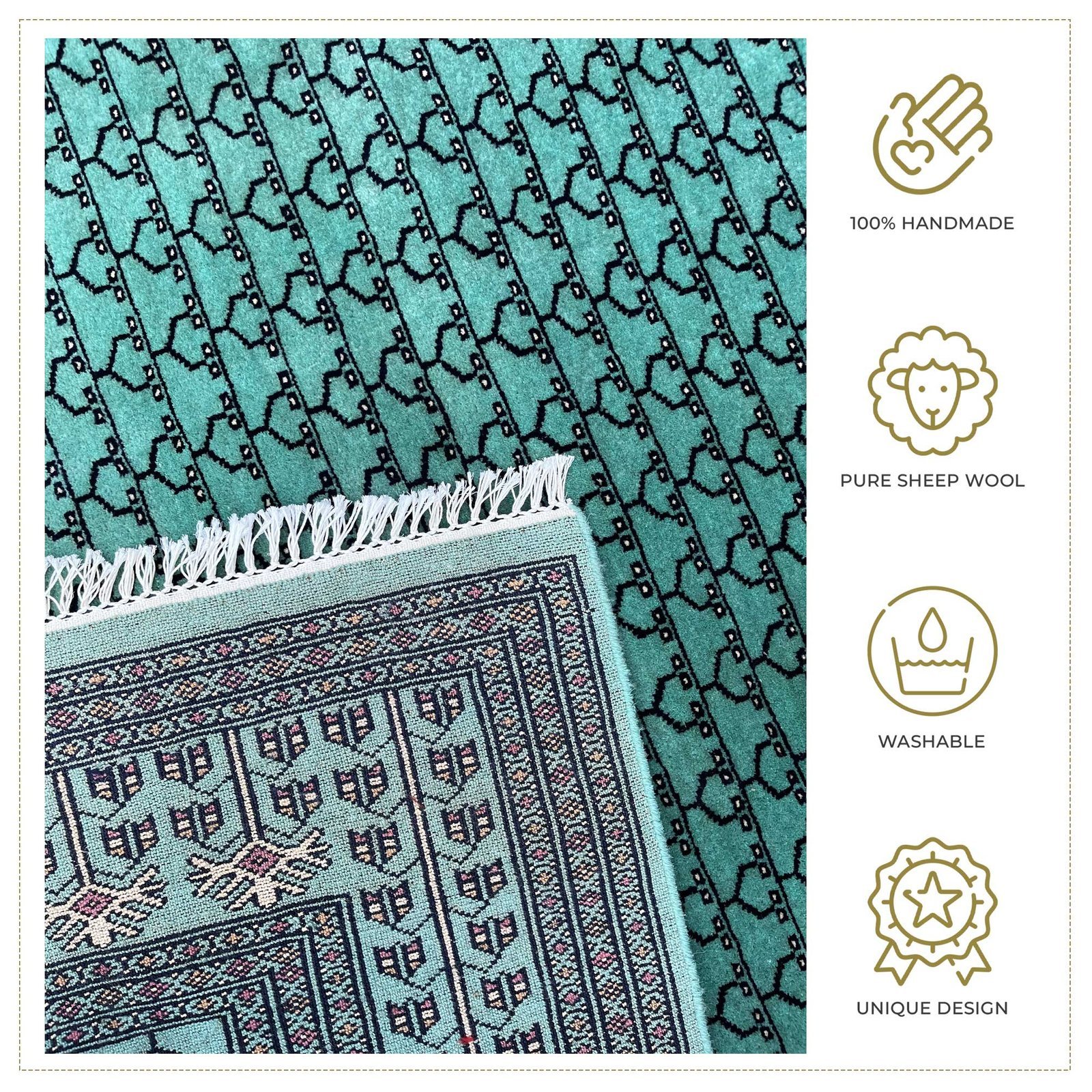 Handmade Knotted Wool Area Carpet, Teal Blue, Traditional Parda Style, 6x9 ft - Image 4