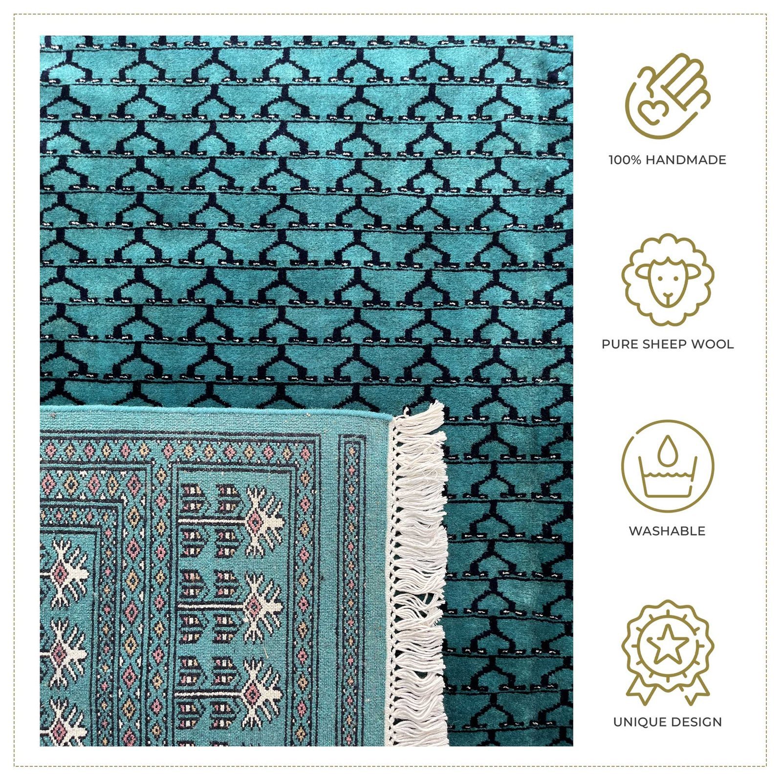 6x9 ft Hand Knotted Wool Carpet Turquoise Parda - Image 6