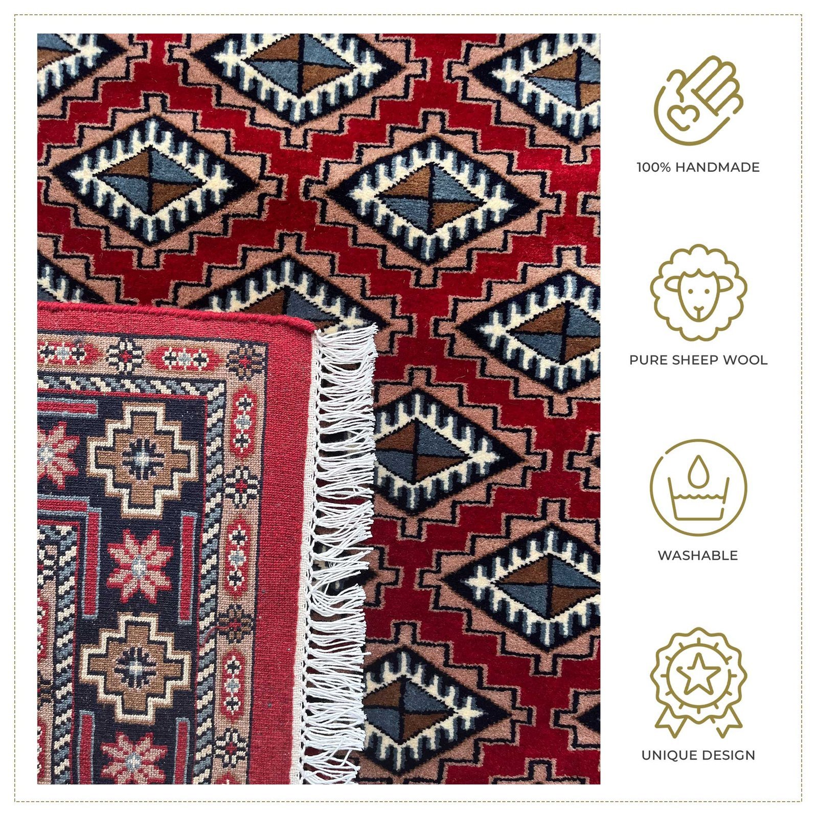 8x10 ft Hand Knotted Wool Carpet Red Bukhara - Image 4