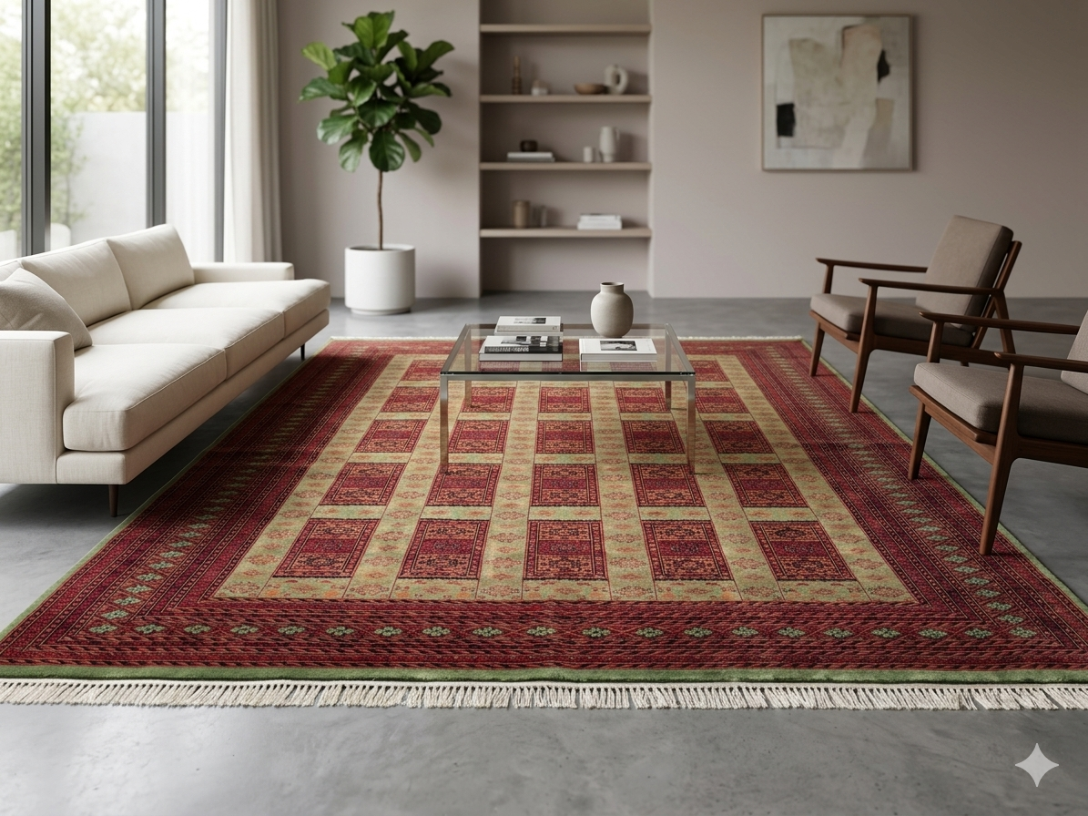 Handmade Tribal Dubba Wool Area Carpet, Green and Red, Knotted, 8x10 ft - Image 2