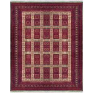 Handmade Tribal Dubba Wool Area Carpet, Green and Red, Knotted, 8x10 ft