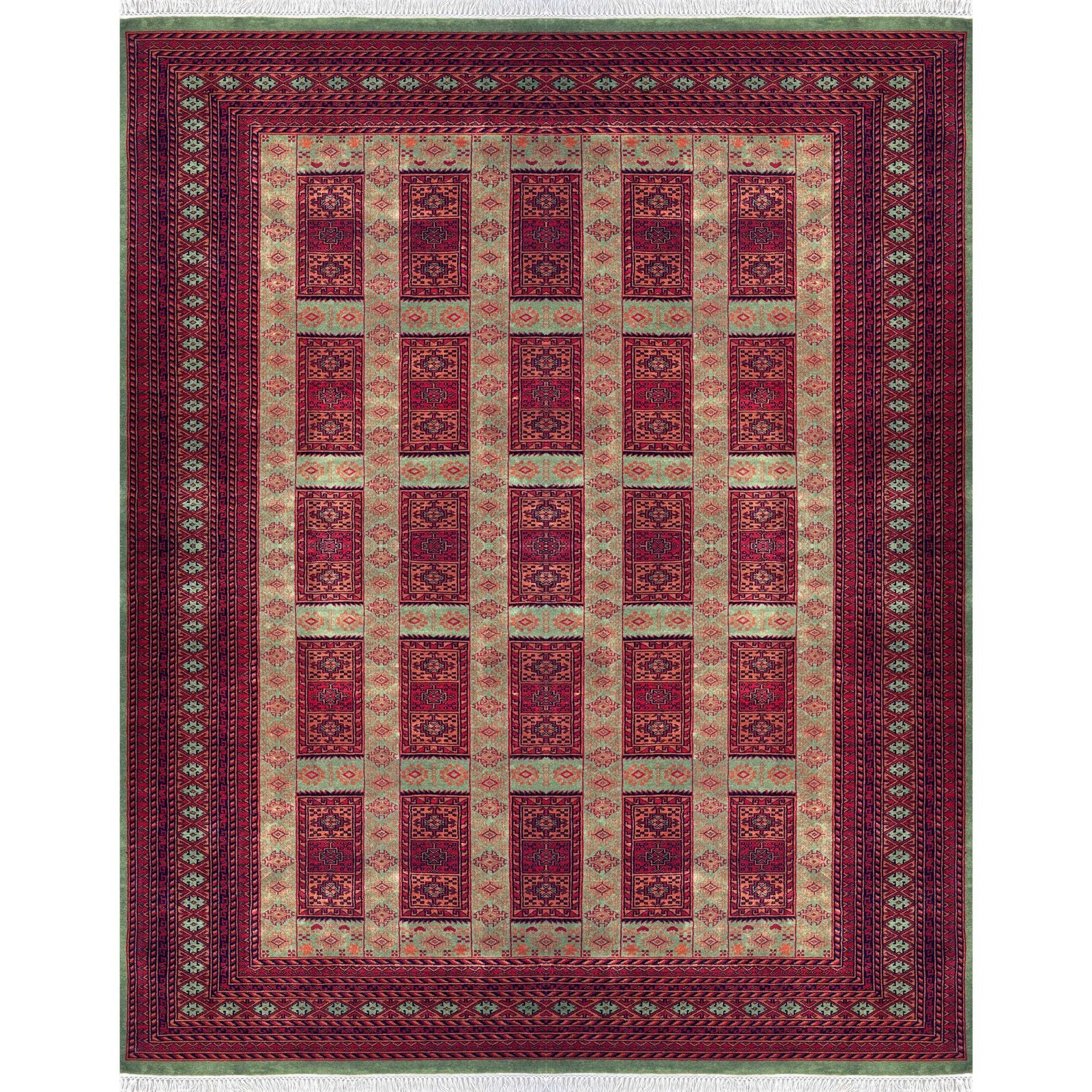 Handmade Tribal Dubba Wool Area Carpet, Green and Red, Knotted, 8x10 ft