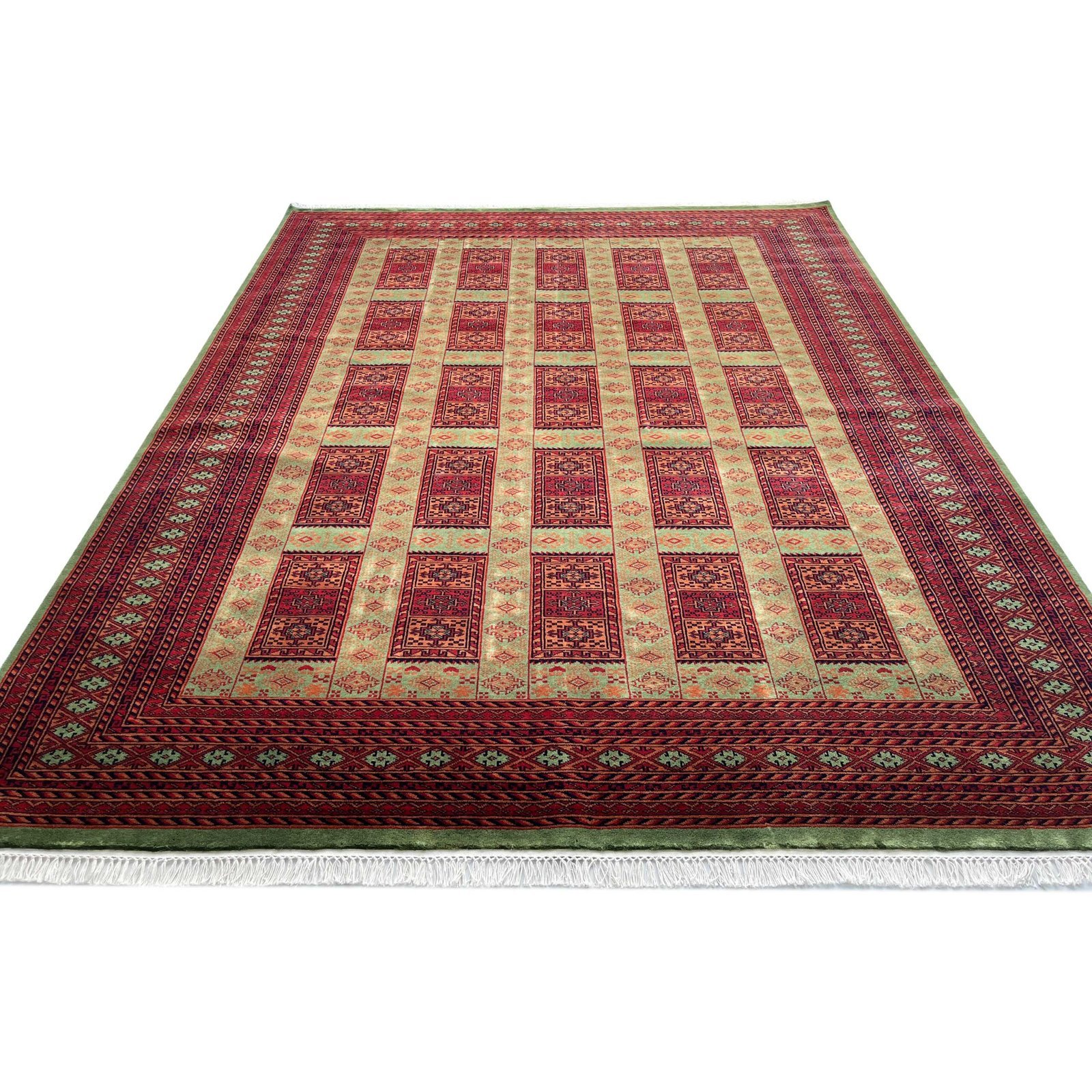 Handmade Tribal Dubba Wool Area Carpet, Green and Red, Knotted, 8x10 ft - Image 4
