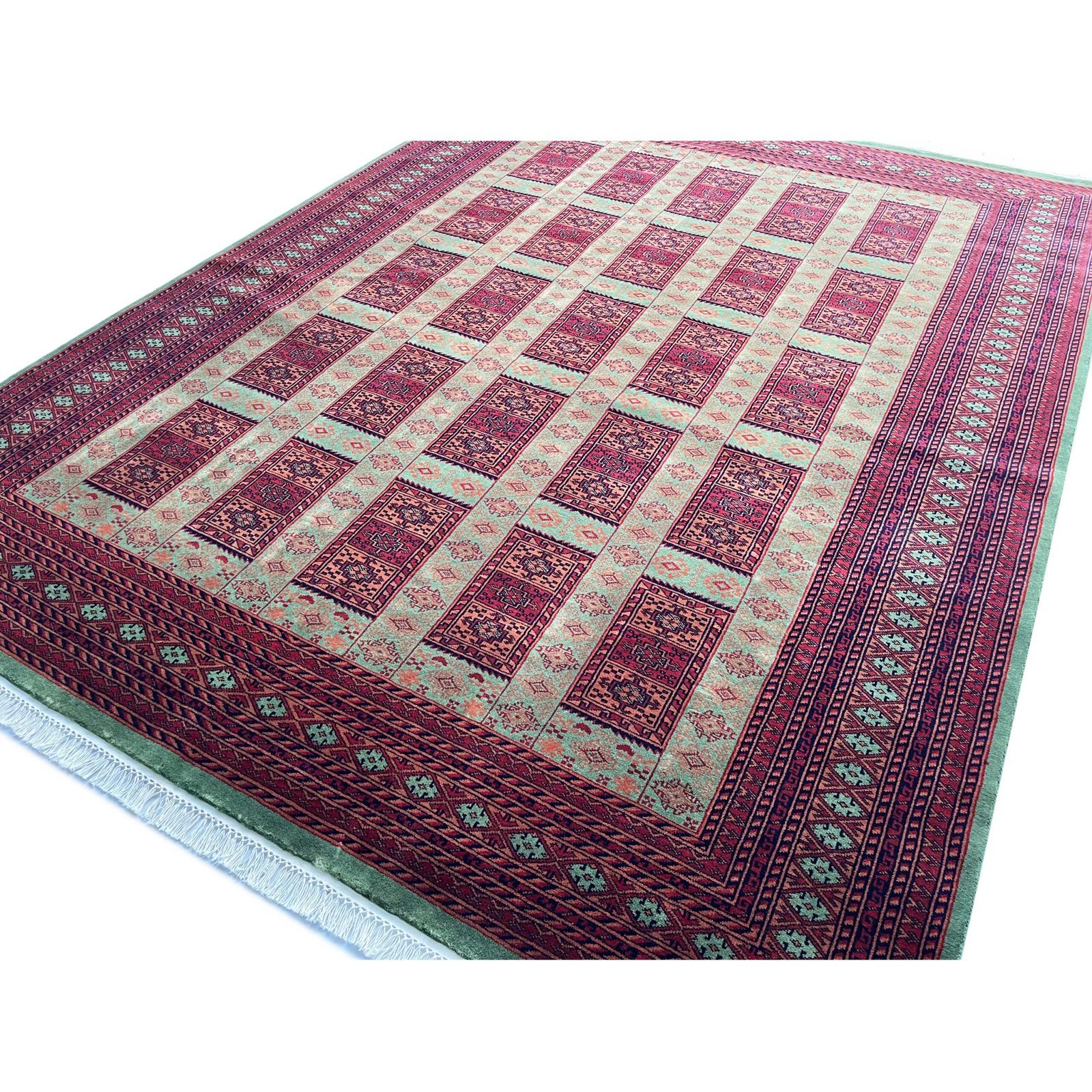 Handmade Tribal Dubba Wool Area Carpet, Green and Red, Knotted, 8x10 ft - Image 3
