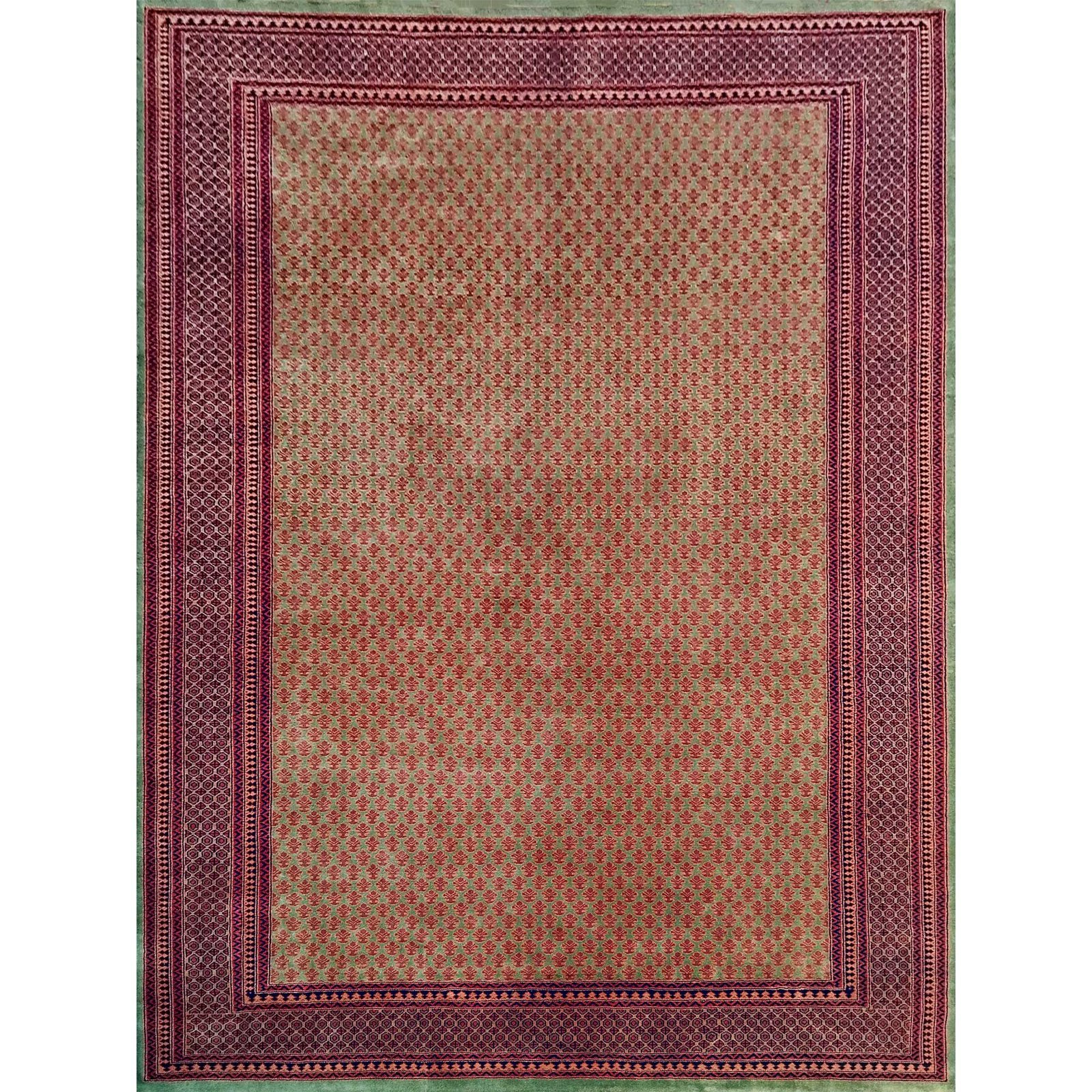 9x12 Feet Wool Green Hand Knotted Carpet Tribal