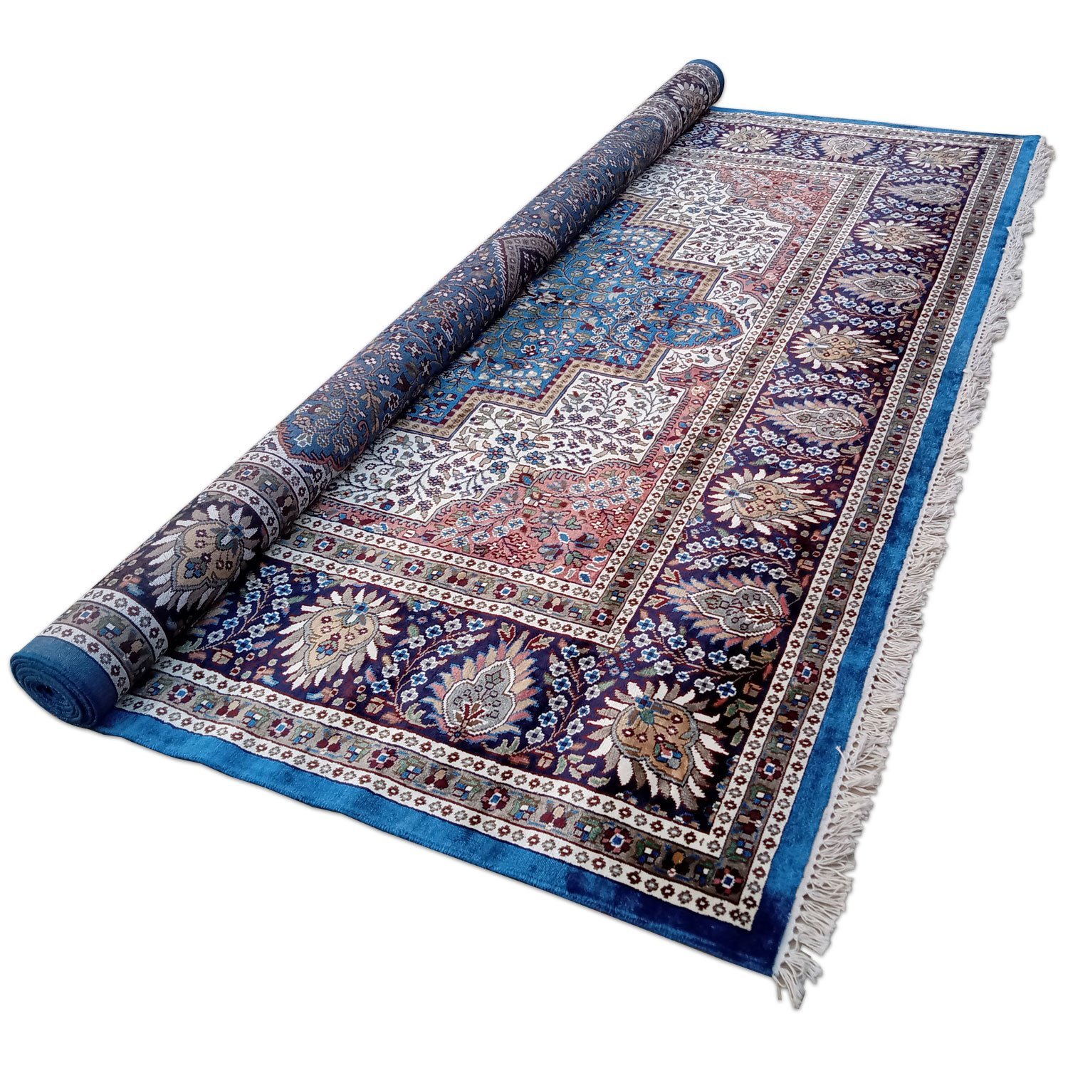 9x12 ft Handmade Knotted Royal Blue Persian Bamboo Silk Carpet - Image 5