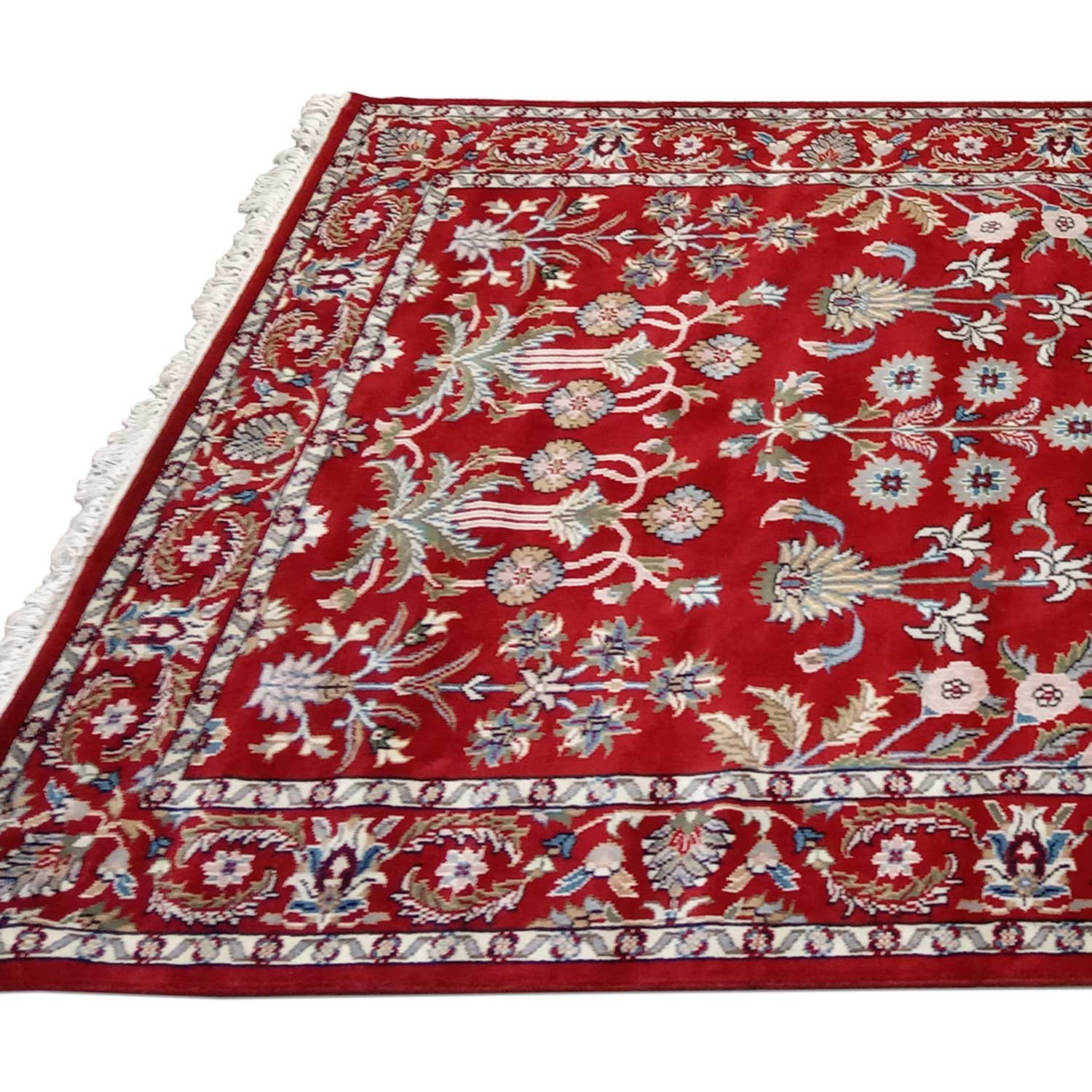 5×7 ft Red Hand Knotted Floral Carpet Wool - Image 4
