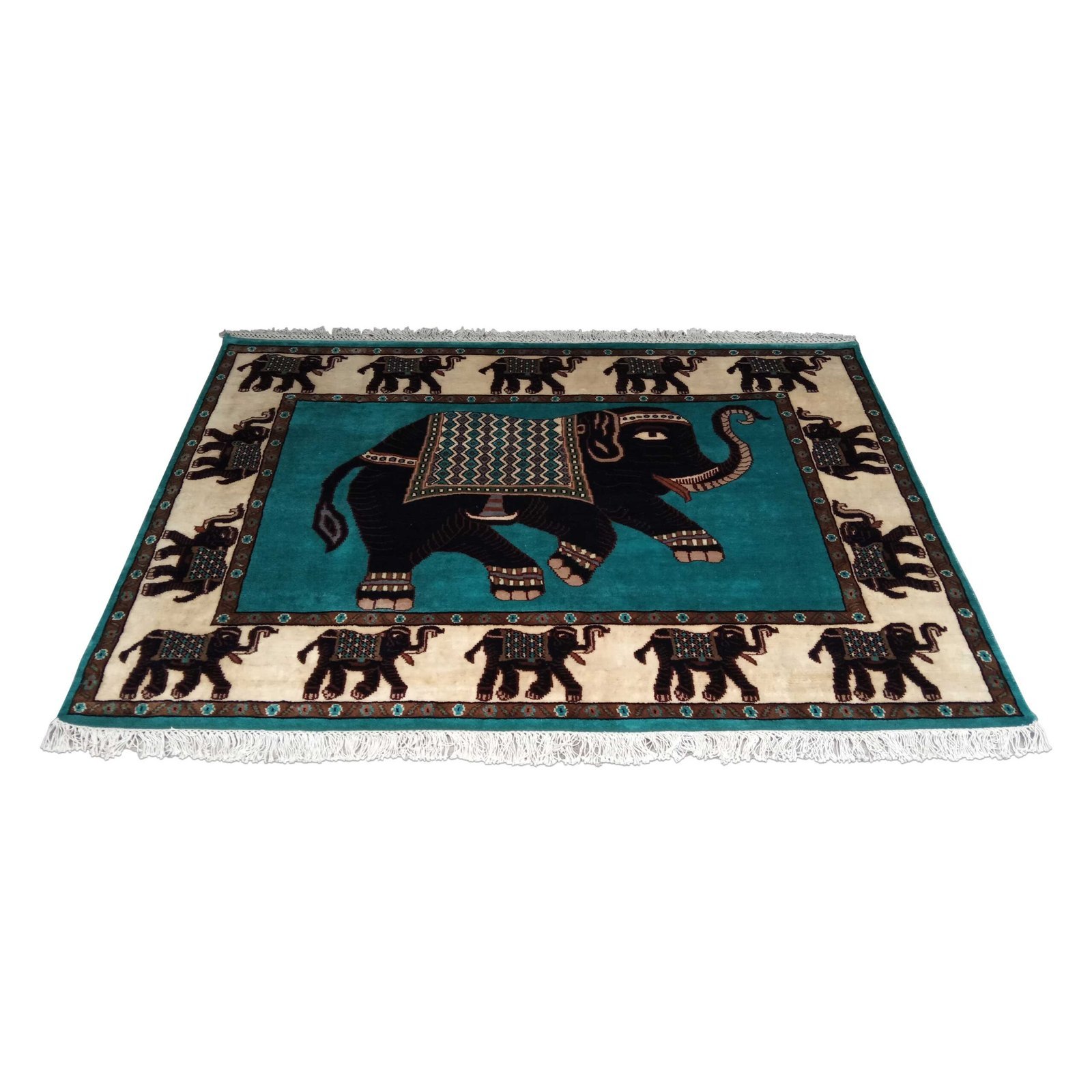 6x4 ft Handmade Elephant Wool Carpet Turquoise - Image 2