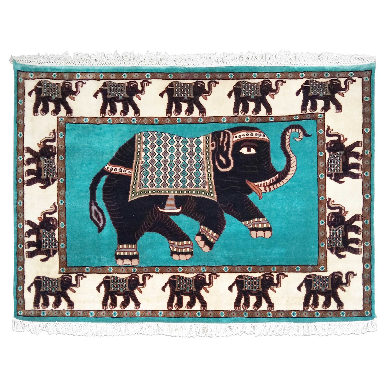 6x4 ft Handmade Elephant Wool Carpet Turquoise