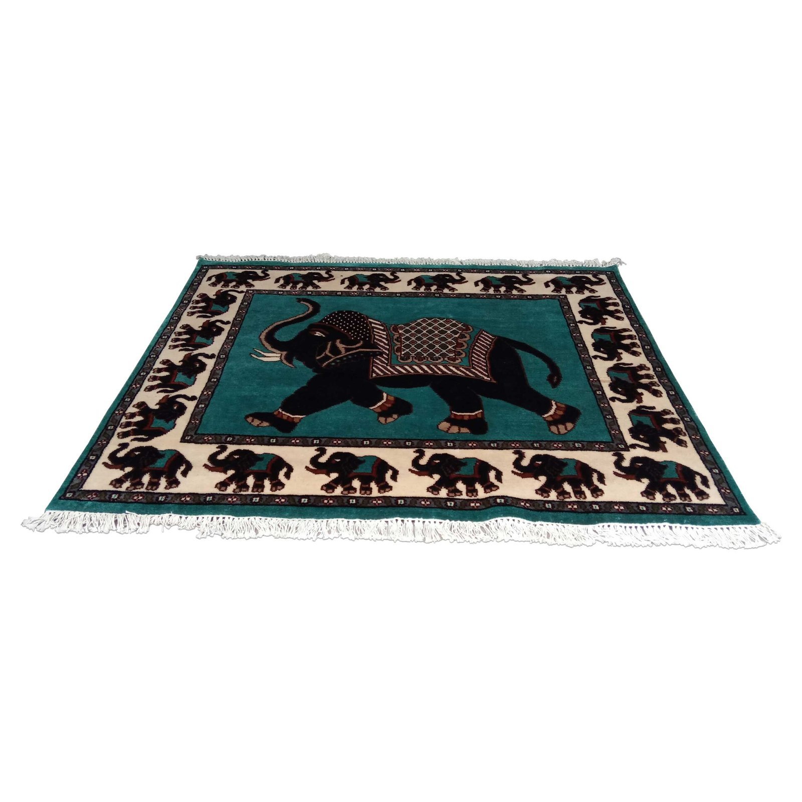 5x4 ft Handmade Elephant Wool Carpet Turquoise - Image 2